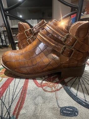 Cognac Croc-Embossed Leather Ankle Boots with Buckle Straps